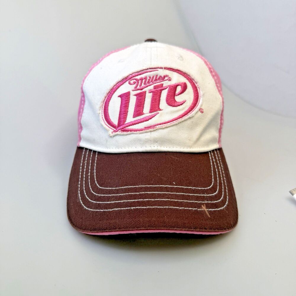 Miller Lite Pink Brown Brim Baseball Cap Infinity Headwear Adjustable Hat EUC